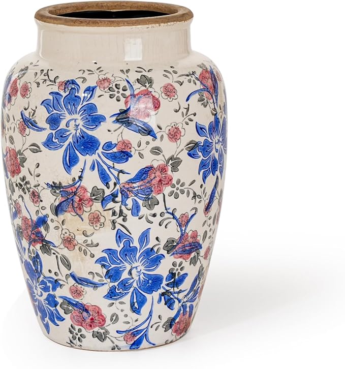 Sungmor Ceramic Flower Vase, Vintage Ice Cracked Glaze Porcelain Vase, Pretty Home Decor Vase for Flower Arrangement, Fresh Flowers, 10.2 Inch Tall Chinoiserie Pottery Vase, Blue Floral Pattern