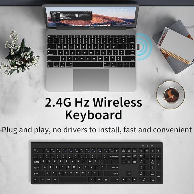 Wireless Keyboard, 2.4G USB Slim Silent Cordless Keyboard for Windows Chrome Laptop Computer PC Desktop Notebook Chromebook, 12 Multimedia Keys, Fn Lock, 110 Keys Full Size with Number Pad - Black ﻿