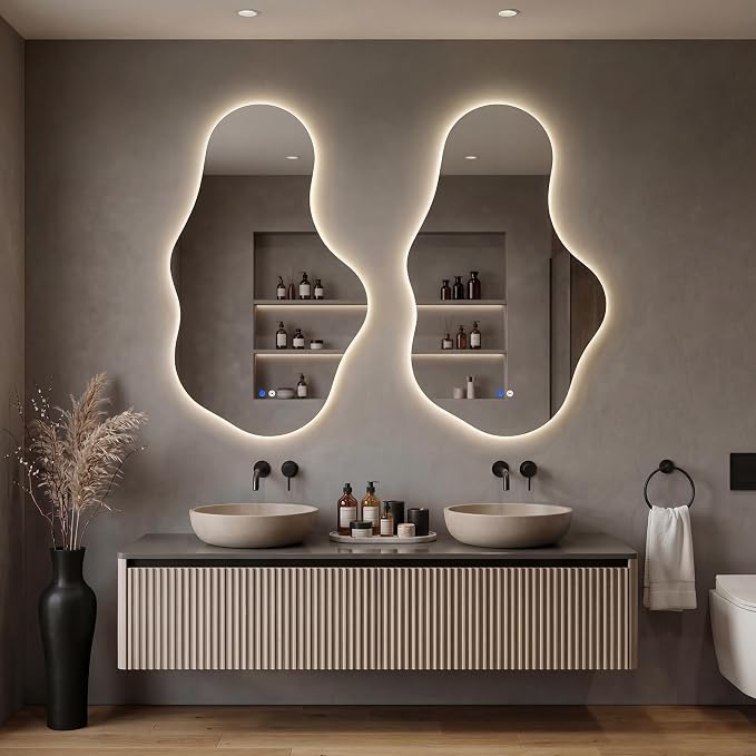 Irregular LED Bathroom Mirror with Lights, Backlit Vanity Mirror for Wall, Asymmetrical Wall Mirror, 3 Color Dimmable Anti-Fog Smart, Decorative Mirror for Bathroom, Entryway(22″ x 36″, 2 Pack)