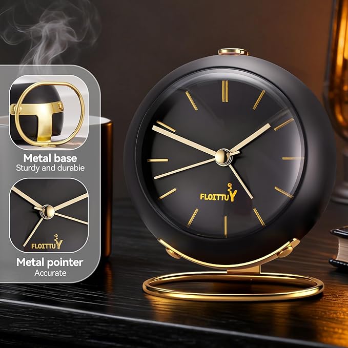 FLOITTUY Silent Table Analog Alarm Clock No Ticking, Lighted on Demand and Battery Operated, Beep Sounds, Small Desk Clock(Shiny Black)