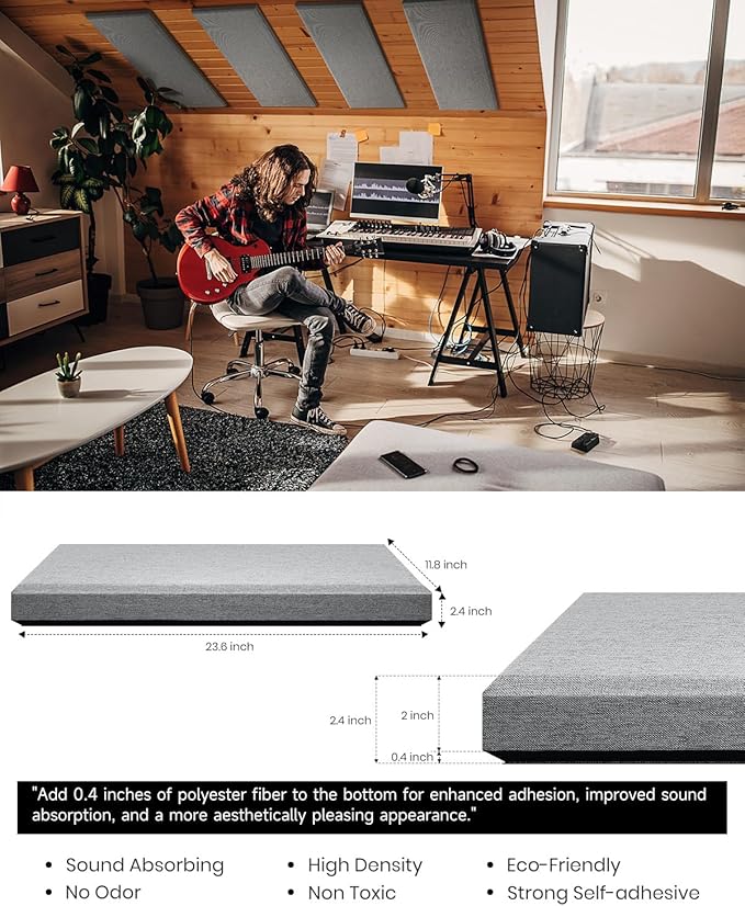 Moukey Acoustic Panels 4 PCS, 2.4“ Thick Fiberglass Soundproof Wall Panels 24''x12'', Self-adhesive Sound Absorbing Panels for Studios, Office, Home Theater (Gray)