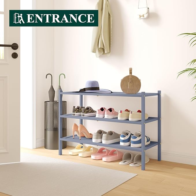 Smiry Bamboo Shoe Rack, 3 Tier Shoe Organizer for Entryway & Closet, Stackable Free Standing Storage Shelf for Shoes, Bags & Plants, Grey