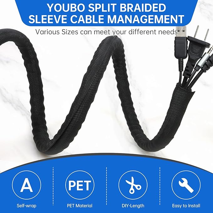 YOUBO Split Braided Cable Sleeve，Flexible Wire Loom Tubing, Automotive Cord Protector Pet Proof, Cable Management for Computer TV Electric Wires Harness 16ft (Black, 25mm（1")