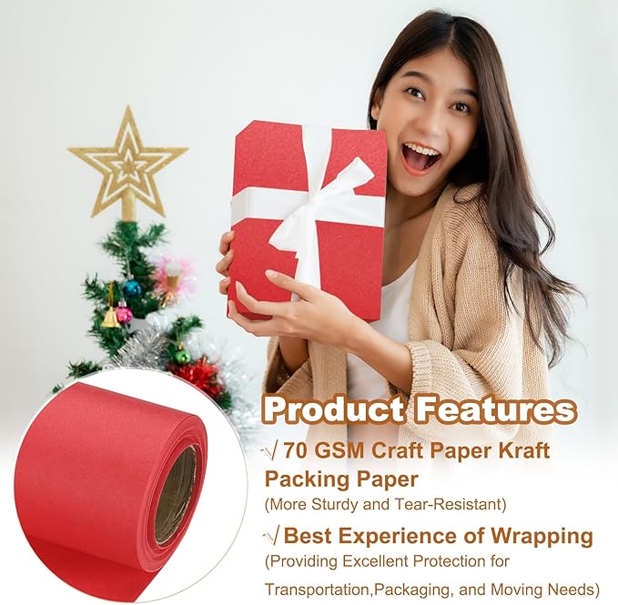PATIKIL Wrapping Paper, 15" x 300"(25') 70 GSM Craft Paper Roll Kraft Packing Paper for Poster Bulletin Board, Gift Wrapping, Bright Red