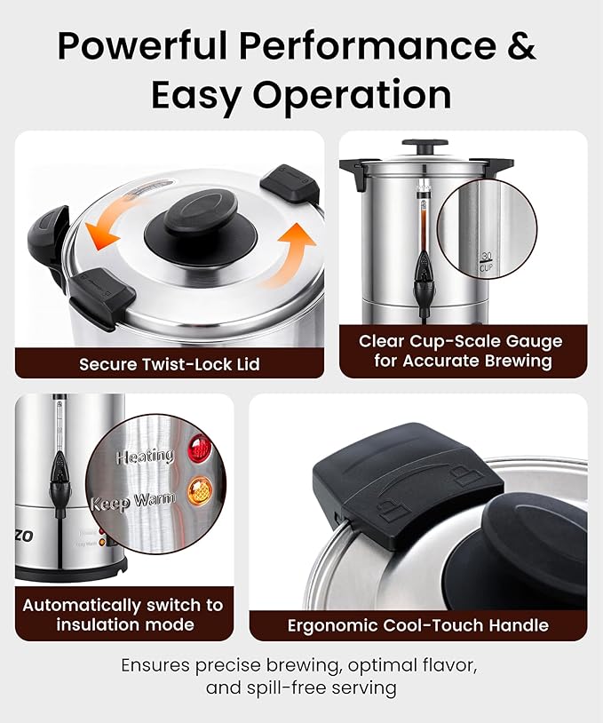 Commercial Coffee Maker 50-Cup Large Coffee Urn with Percolator Coffee Pot Electric 8L Stainless Steel Fast Brew Hot Water Dispenser for Tea Catering Events Home Office Easy Cleaning