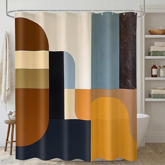 Brown Mid Century Shower Curtain, Abstract Geometric Modern Pattern, Navy Blue and Yellow Boho Bathroom Decor, Retro Art Waterproof Fabric Bath with Hooks, 70x90 Inch