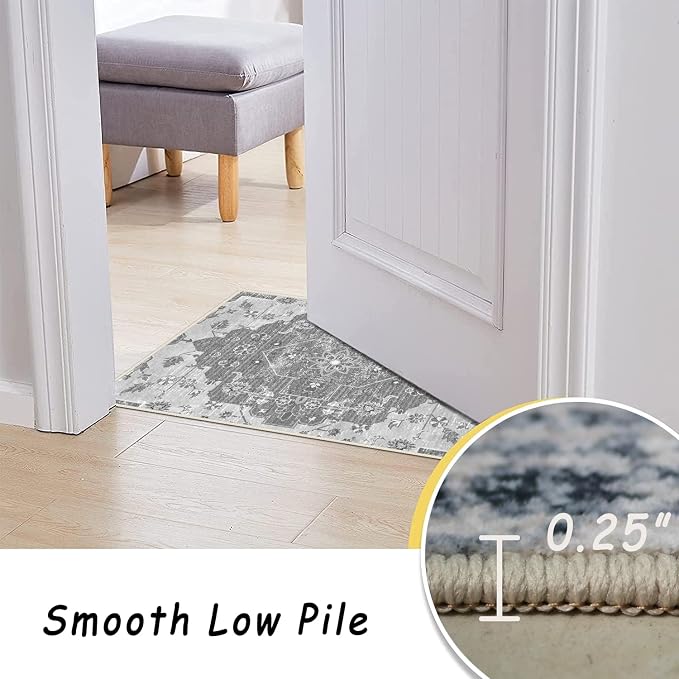 vivorug 9x12 Area Rugs, Stain Resistant Washable Rug for Living Room, Vintage-Inspired Grey Floral Rug