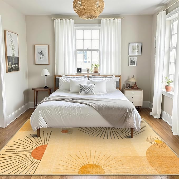 Large Area Rug 5x7 Sun Rug Living Room Mid Century Modern Rugs Machine Washable Boho Geometric Rug Non Slip Printed Low Pile Indoor Floor Carpet for Dining Room Bedroom Office,Yellow