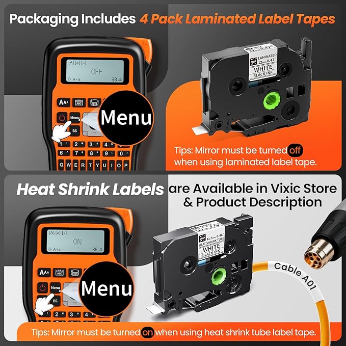 Vixic Industrial Label Maker, Cable Wire Label Maker Waterproof-Labels Bundle 4 Laminated-Tapes for Electricians Network Office Labeling, E1000 Heat Shrink Tube Labeler Machine Handheld & Portable