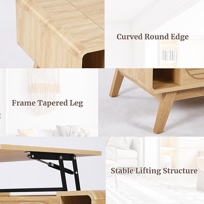 Small Lift Top Coffee Table with Hidden Compartment, Mid Century Modern Curved Coffee Table with Storage Shelf, Wooden Rectangle Center Table with Lift Tabletop for Living Room, Office (Natural)