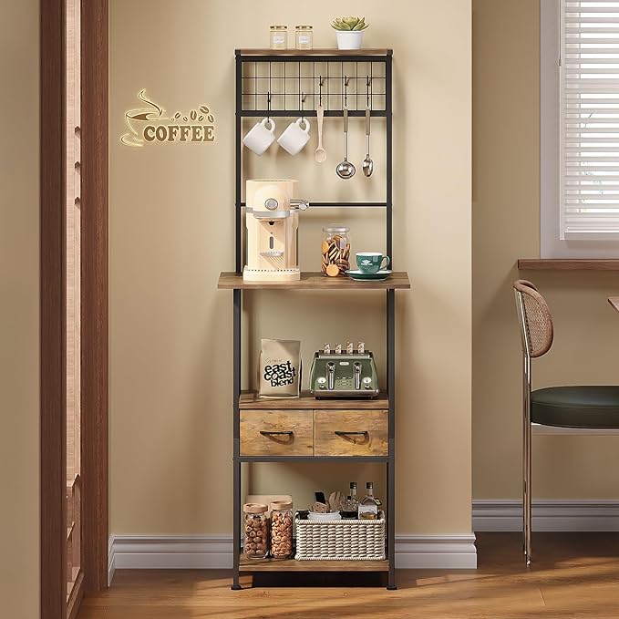 GiftGo Small Coffee Bar Station Narrow Corner Baker Rack Stand with 2 Storage Fabric Drawers 5 S Hooks for Small Spaces Farmhouse Bakers Rack for Kitchen, Entryway, Living Room (Brown, Narrow)