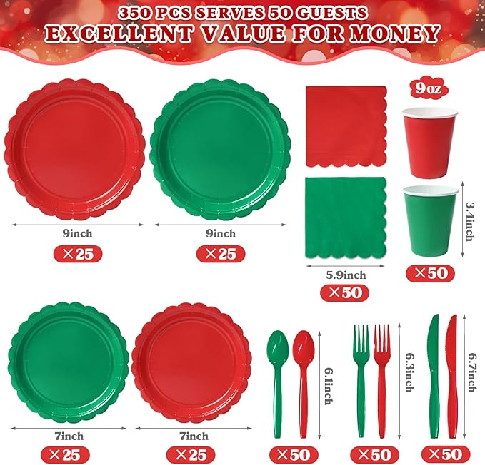 Vyntra 350 PCS Disposable Plates for Party, Paper Plates & Napkins Set with Cups, Knives, Forks, Spoons, 7'' Dessert and 9'' Dinner Plates for Christmas, Holiday Party - Red and Green