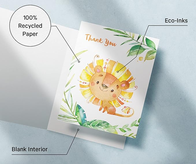 Twigs Baby Shower Thank You Cards with Envelopes - 12 Set Simple Baby Shower Cards, New Baby Congratulations Cards, Welcome Baby Card, Made in the USA - Jungle Animal Designs, 5.5 x 4.25 Inch Size