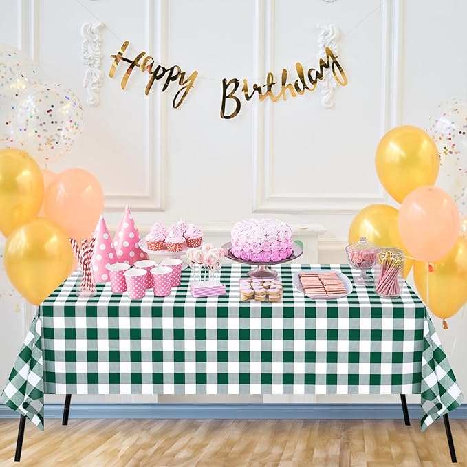 WNINK 2 Pack Green and White Checkered Rectangular Plastic Tablecloths, Green Gingham Waterproof Disposable Table Covers 54" x 108" for Birthday, Wedding, Outdoor Picnic Camping Parties