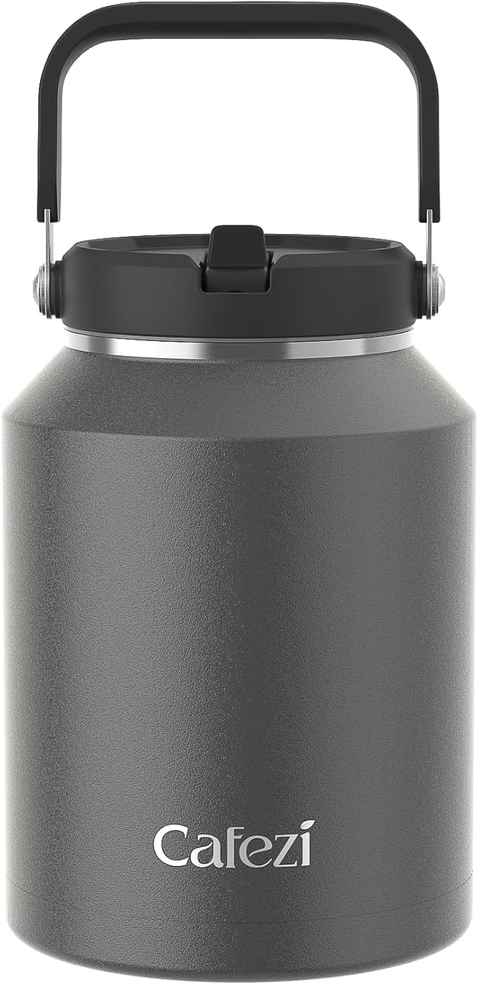 64 oz Insulated Water Bottle with Flip Straw, Vacuum Insulated Stainless Steel Jug with Top Handle, Leak-Proof Lid, Sweat-Free, Wide Mouth, Keeps Ice Cold up to 34 Hours