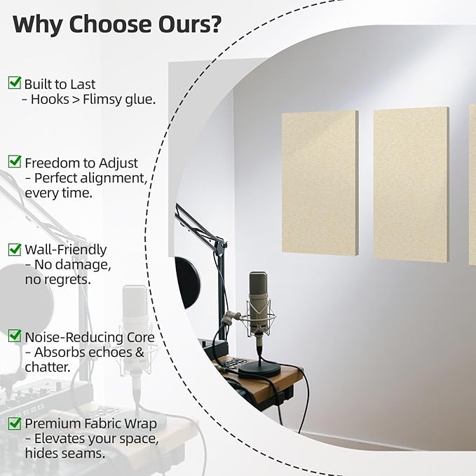 Art3dwallpanels 8 PCS Acoustic Panels, 24''x12'' Fabric Soundproof Wall Panels, Easy-Hook Mounting Sound Absorbing Panels for Studios, Office, Home Theater, Linen