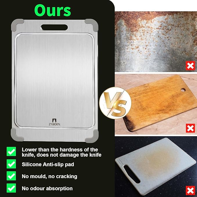 100% Pure Titanium Cutting Board with Grooves, Update Double Side Titanium Chopping Board, Silicone Anti-slip Stainless Cutting Boards for Kitchen 9 * 13 IN, Grey