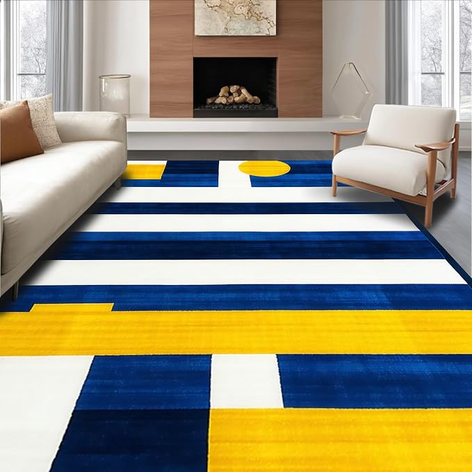 Flatwoven High Traffic Area Rug 5x7, Contemporary Striped Rug Clean Lines & Bold Hues, Non Slip, Stain Resistant, Washable Area Rugs for Living Room, Bedroom (Blue, 5x7)