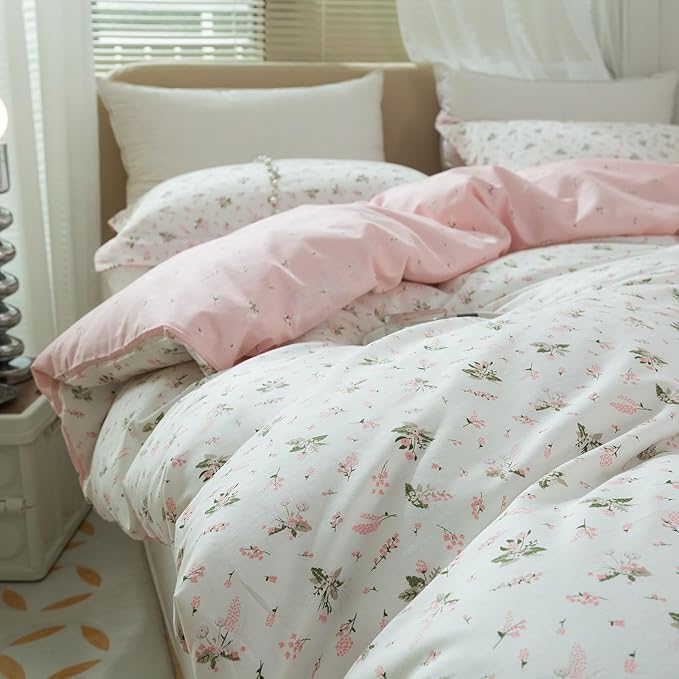 LifeTB Girls Pink Flower Duvet Cover Twin 100% Cotton Blossom Floral Comforter Cover Pink White Flower Pattern Duvet Cover with Zipper Closure Aesthetic Botanical Cottagecore Bedding Set Twin