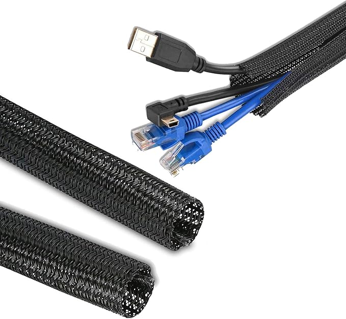 50ft - 1/2 Inch Heavy-Duty Braided Cable Sleeve, Split Wire Loom Tubing Cord Protector for USB/Power/Audio Cables - Flame Retardant, Pet Chew Proof - Black