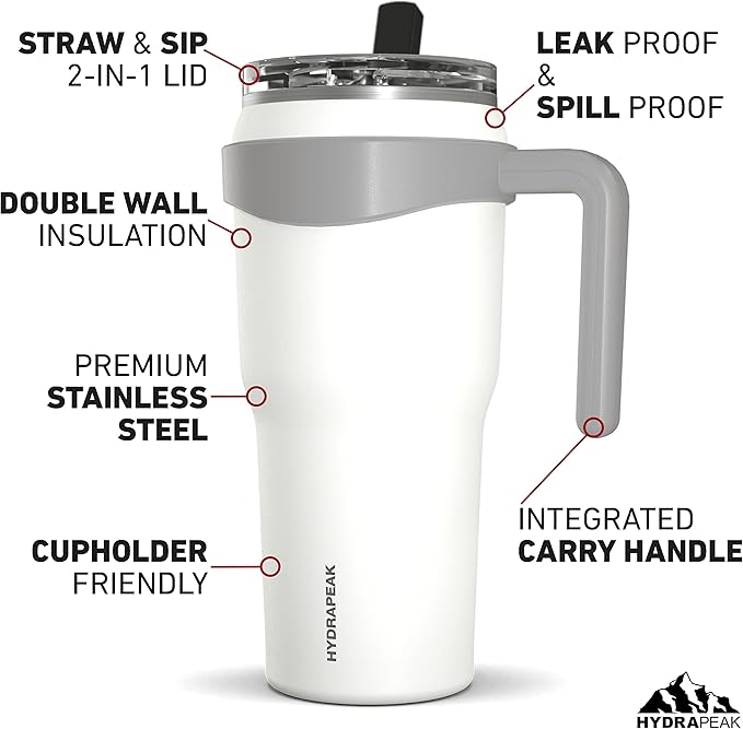 Hydrapeak Roadster 40oz Stainless Steel Tumbler Double Wall Vacuum Insulated Water Bottle With Handle And 2 in 1 Straw Lid (White)