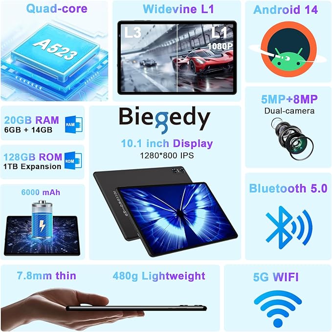 2025 Tablet, 10 Inch Android Tablet 20GB RAM+128GB ROM+1TB Expand, Octa-Core Android 14 Tablets with Keyboard, Mouse, HD IPS Touchscreen, 6000mAh, BT 5.0, WiFi 6, Widevine L1, Split Screen -Black