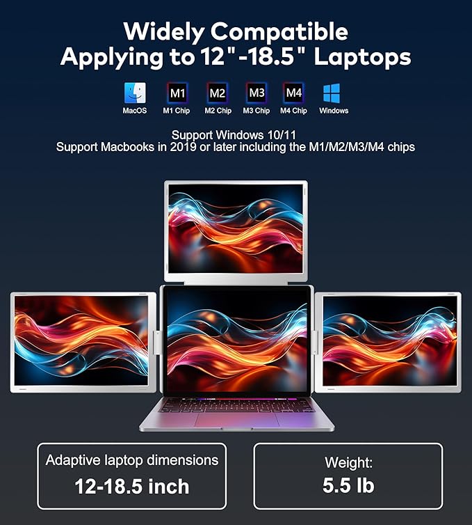 Ladomi 16" Laptop Screen Extender, Just 1 Cable for 3 Screens Quad Monitor, 1200P FHD Screen Extender for 12"-18.5" Laptops, Triple Portable Monitor for Wins/Mac M1|M2|M3|M4|M5