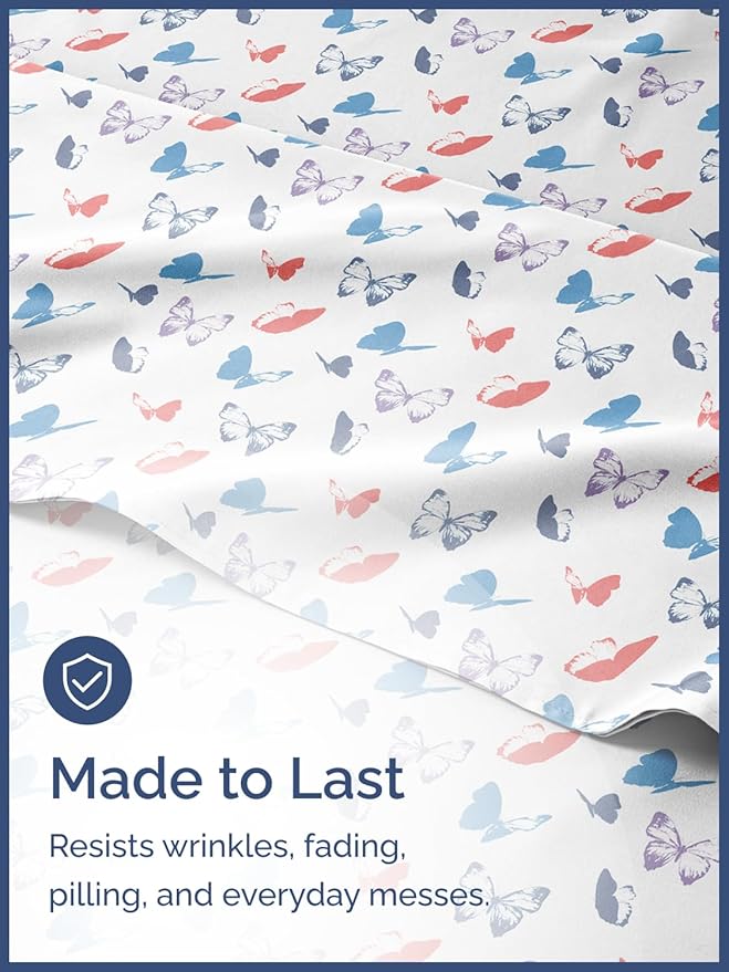 Kids Full Size Butterfly Bed Sheets - 4 Piece Butterfly Sheet Set - Insect Themed Bedding - Soft, Cute & Cozy - Breathable & Machine Washable - Whimsical Bed Set for Boys, Girls, Teens and Toddlers