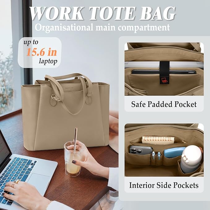 RAINSMORE Laptop Bag for Women 15.6 Inch Work Tote Bags Waterproof Computer Bags Leather Professional Laptop Purse Womens Laptop Briefcase Large Handbag for Office Teacher Travel, Beige