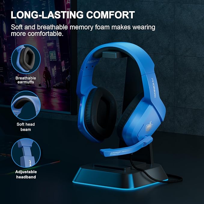 PHOINIKAS Gaming Headset for PS4, PS5, PC, Laptop, Stereo Over Ear Gaming Headphones with Noise-Canceling Mic, Gaming Headsets for XboxOne, Switch, Laptop, Mac, Phone (Navy Blue)