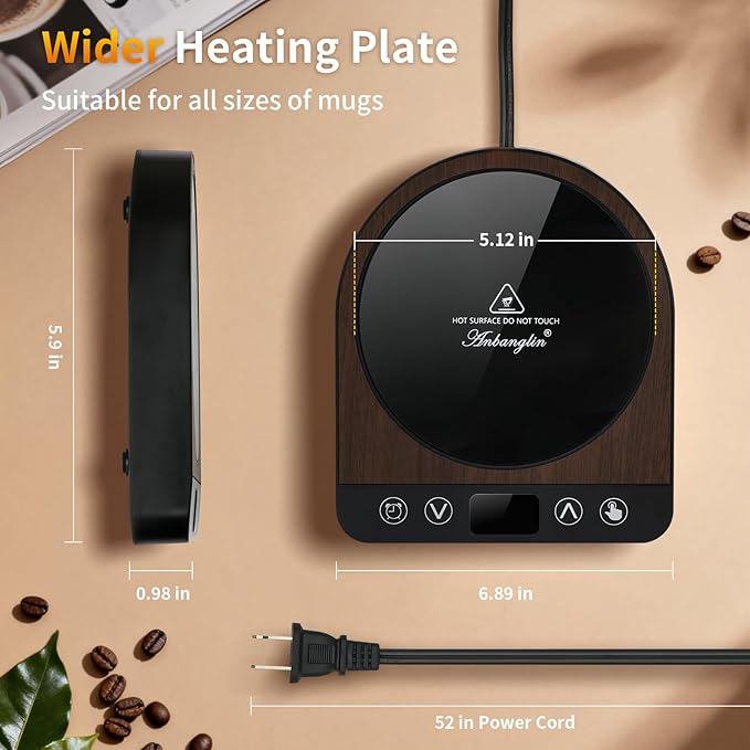 Anbanglin Smart Coffee Mug Warmer, 50W Fast Heating Coffee Warmer for Desk with 5 Temperature Control & 2-12H Auto Shut Off, Electric Large Panel Cup Warmer for Milk, Tea, Beverage, Candle, Wood