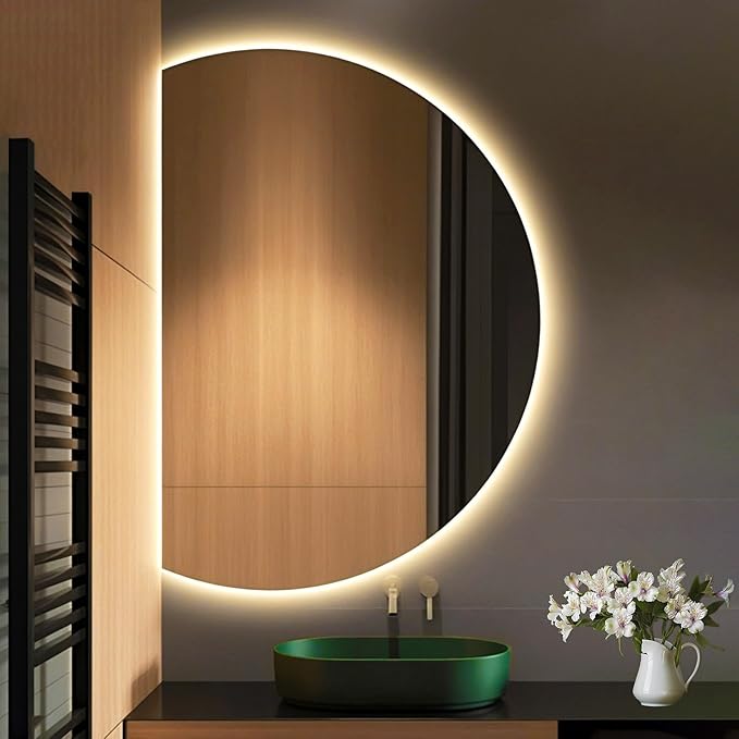 Modern Smart Anti-Fog Bathroom Mirror with Lights, Half Moon LED Wall Mirror, 3 Colors Dimmable Makeup Vanity Mirror, Large Frameless Decorative Mirror for Living Room(Left Cut,35"x24")