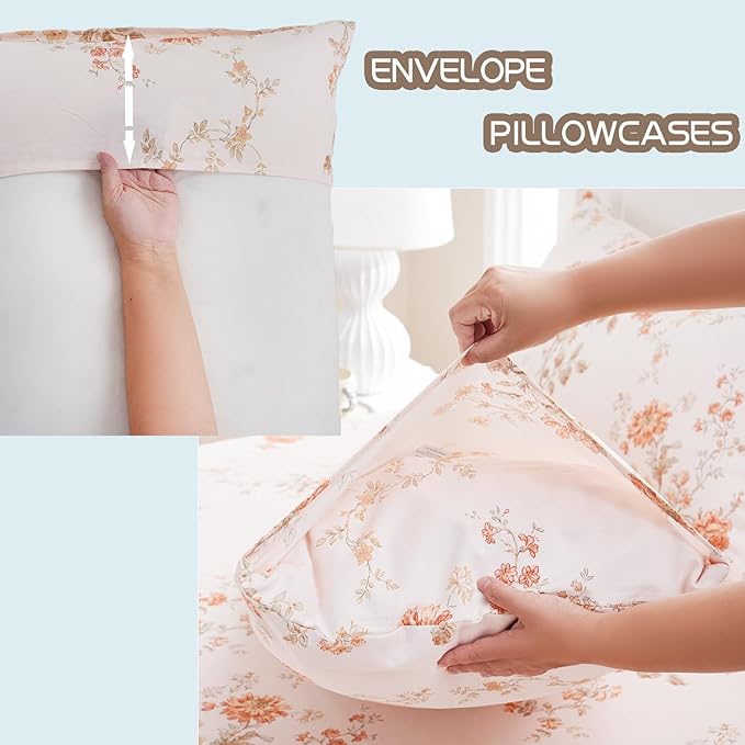 Zusbest Full Size Floral Bed Sheets 100% Percale Cotton Orange Brushed for Extra Softness, Breathable Luxury Flannel Sheets Like Shabby Vintage Flower Print Deep Pocket Fitted Sheet 17.5'' 4 Pcs