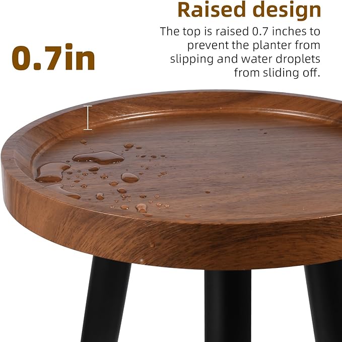 KGPLOME 2 Pack Indoor Plant Stand with Raised Design, Table with Metal Tall | 11.8"x17" Walnut Round Wood Mid Century Plant End Table Heavy Duty Small Side Flower Pot Stand