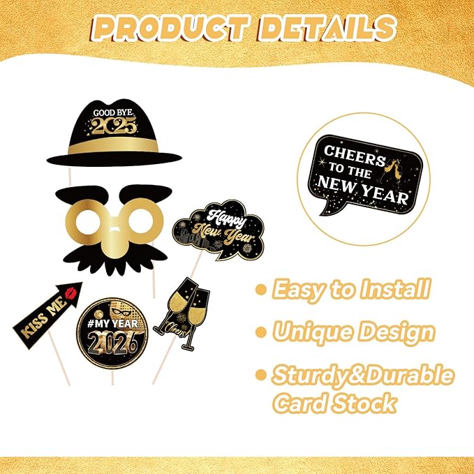New Years Decorations 2026 Photo Booth Props Set Include 1 Photo Booth Frame and 21 Photo Props Black and Gold Happy New Years Eve Party Supplies 2026 for Photography