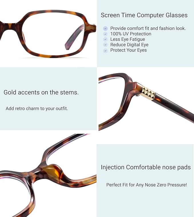 hnbliv Retro Rectangle Blue Light Blocking Glasses for Women 90s Fake Eyeglasses Y2K Fashion Computer Glasses Tortoise Frame