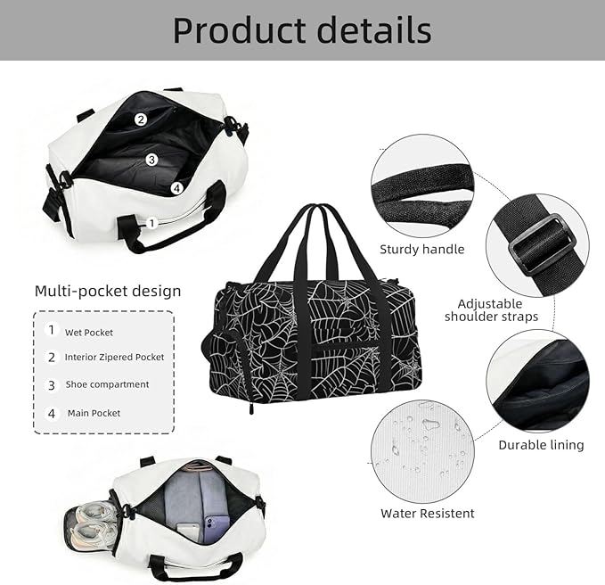 Sports Gym Bag Spiderweb Pattern Black Travel Duffel Bag With Shoe Compartment Shoulder Strap, Lightweight Water-Resistant Weekend Overnight Totes For Women Men