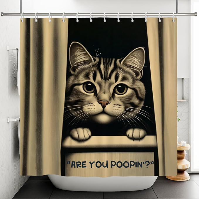 Cat Shower Curtains Cute are You Poopin' Funny Humorous Animal Whimsical Bathroom Curtain Curious Joke Cat Shower Curtain Sets for Bathroom Extra Long 72x78 in with 12 Hooks