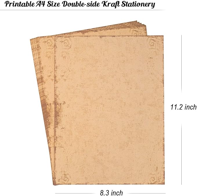 CenterZ 60 Sheets 6 Style Antique Stationary Paper, 8.3 x 11.2 inch A4 Size 100gsm Kraft Double-side Printable Old Aged Vintage Letter Writing Stationery Set for Classic Letters, Poems, Lyrics, Notes