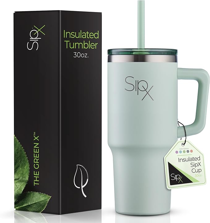 SIPX™ 30 oz Insulated Tumbler with Handle & Straw – Vacuum Insulated Stainless Steel, Leakproof, Cupholder Friendly – Perfect for Iced Coffee, Water & Travel – Green