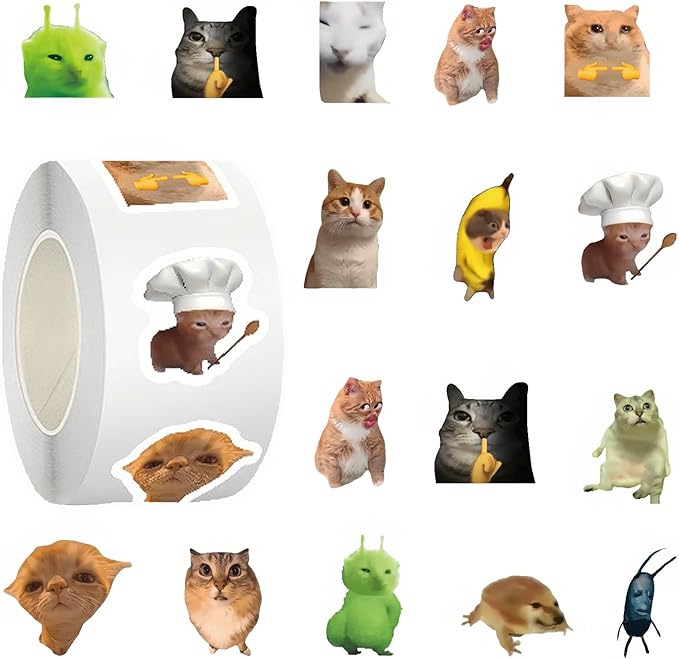 500PCS Funny Cat Stickers 14 Styles Sticker Rolls Cartoon Cute Kitty Stickers Cat Party Favors Waterproof Vinyl Stickers for DIY Crafts, Journals, Planners, Laptop