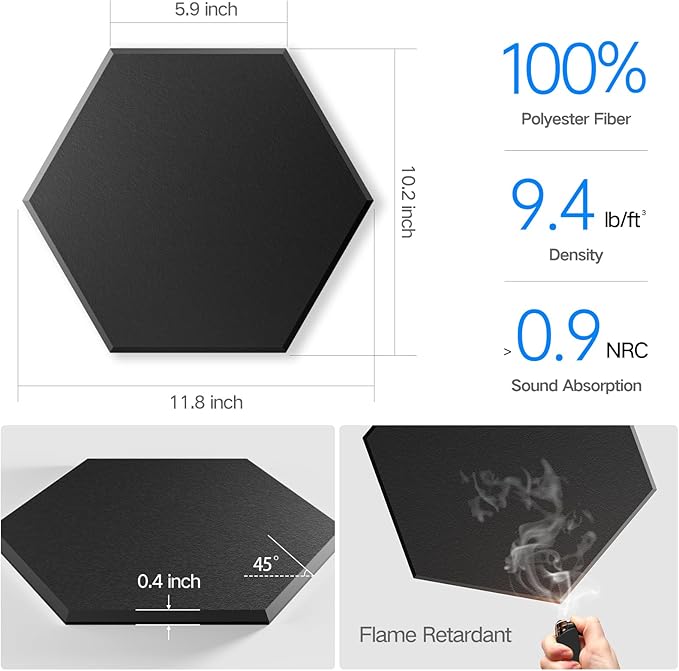 16 Pack Self-Adhesive Acoustic Panels 12" X 10" X 0.4" - Sound Proof Foam Panels for Wall with High Density, Hexagon Design, Flame Resistant, Absorb Noise and Eliminate Echoes(Black)
