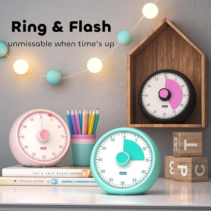 Conchstar Visual Timer for Kids 60-Minute - Countdown Timer with Optional Alarm, Focus Tool for ADHD & Autism, Time Management for Homework, Chores, Office, Kitchen, Teaching & Study Routines (Pink)