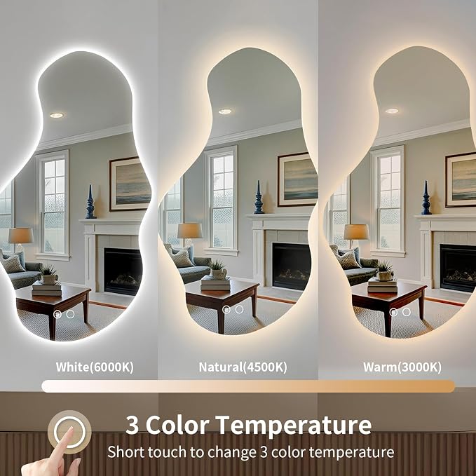 Modern Irregular LED Bathroom Mirror with Lights, Asymmetrical Frameless Smart Lighted Wall Mirror for Living Room Entryway, Large Decorative Makeup Vanity Mirror with Touch Switch(22.5″x39.4″)