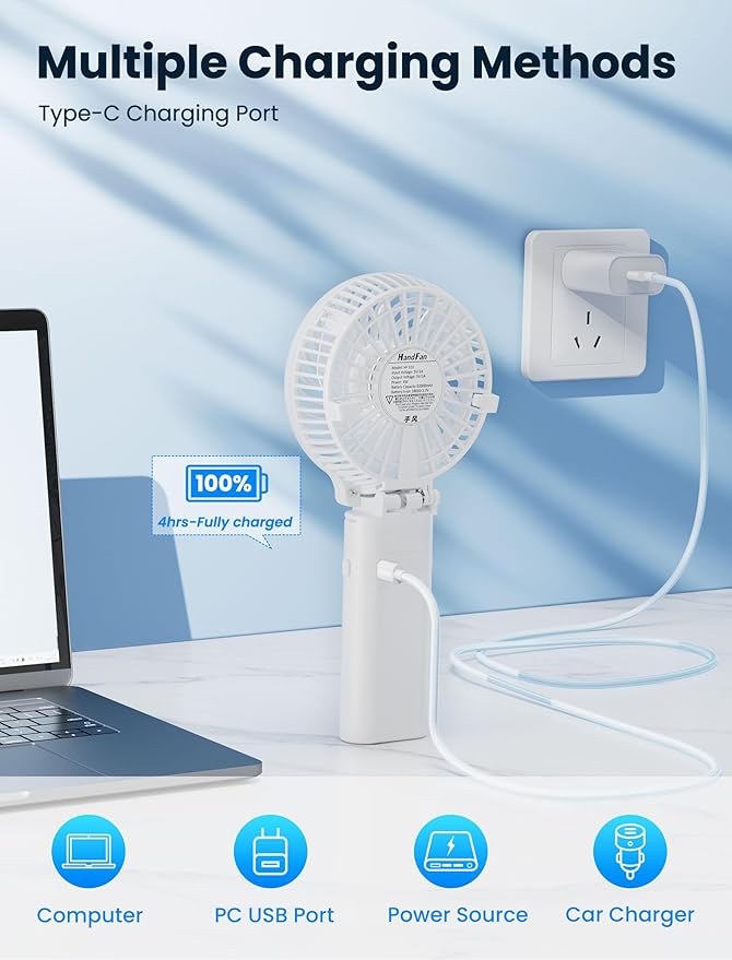 HandFan 5200mAh Personal Fan Handheld,180° Foldable Hand Held, Battery Operated Rechargeable Fan, Portable Charger Design, 3 Speeds,20H Runtime for Travel/Wedding/Camping/Outdoors/Indoors (White)