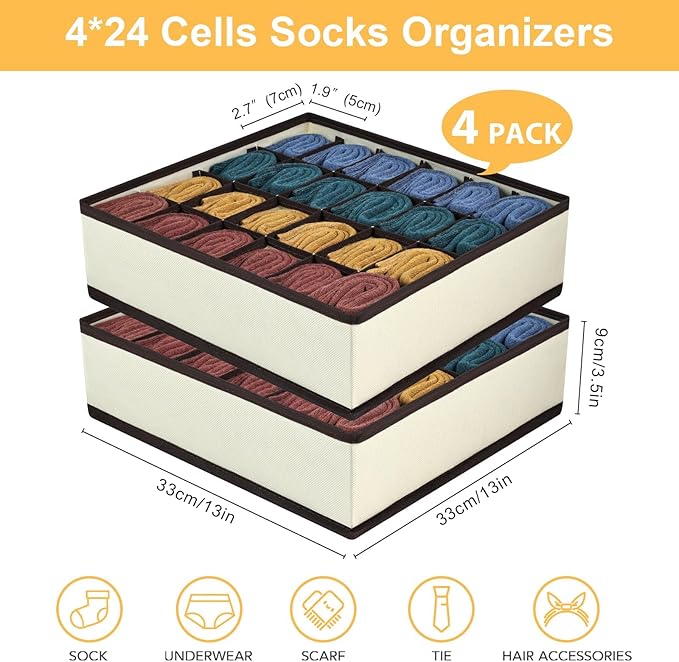 Joyoldelf Sock Drawer Organizer Divider Underwear Organizer 24-cell Fabric Dresser Drawer Organizers Storage Boxes for Socks Lingerie, Handkerchiefs, Ties 4 Pack (Beige)
