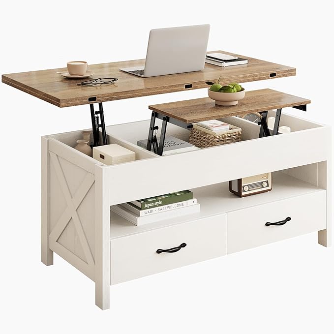 Marsail 40" Lift Top Coffee Table, 4 in 1 Coffee Table with Hidden Compartment, 1 Open Shelf and 2 Drawers, Multifunctional Farmhouse Center Table for Living Room and Home Office, Brown and White