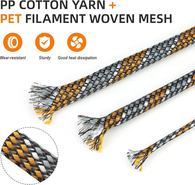 Braided Expandable Cable Sleeve, 25ft PP Cotton and PET Braided Cable Management, Flexible Mesh Wire Loom and Cable Protector for TV, Computer, Home Theater, Automotive (Orange White Grey, 1/8")