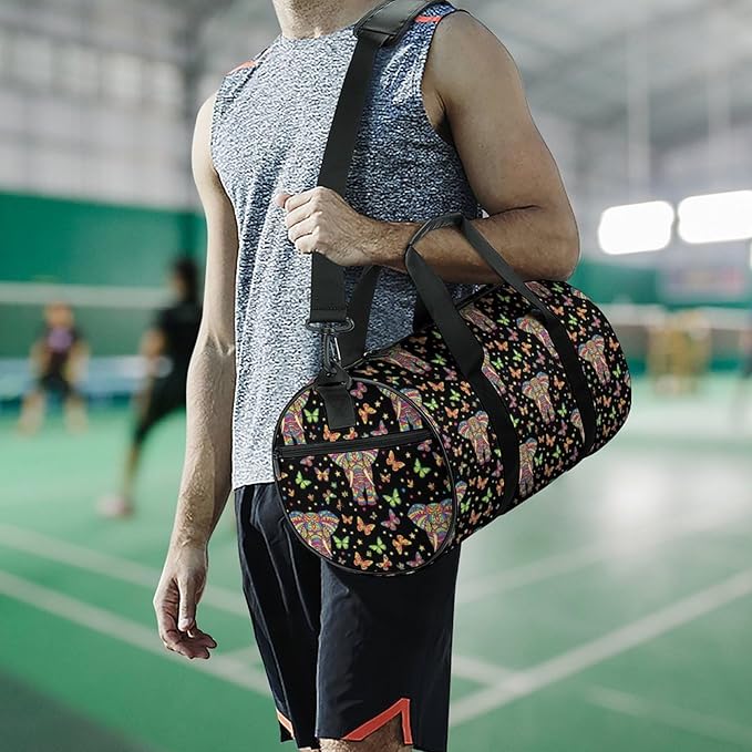 Foldable Gym Bag Elephant Butterfly Art Lightweight Travel Sports Bag Carry On Weekender Overnight Bags Beach Yoga Bags