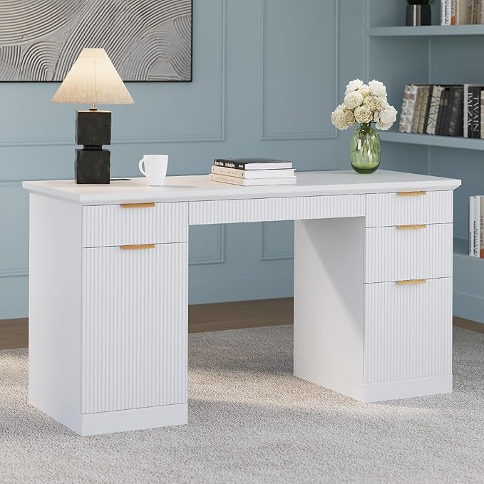 FURSUN 58" Fluted Modern Desk with Storage, Home Office Desk with 1 File Cabinet & 5 Drawers, Wood Executive Computer Writing Desk for Study, Living Room, Bedroom, White